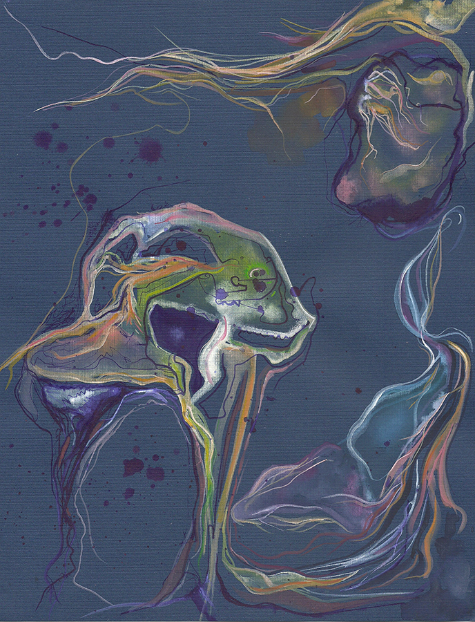 Untitled Blue Pearl series - Watercolor and ink on blue paper 22 by 28 cm. 2014